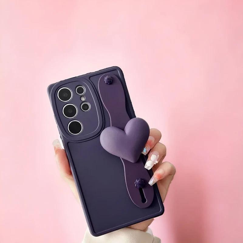 BCPC354 Cute Phone Case for Galaxy S23 Ultra, S22, S21, S20 FE, A54, 14, 24, 34, 53, M14, M54, 34, and F54 - Luxurious 3D Heart Design With Wrist Strap - Touchy Style