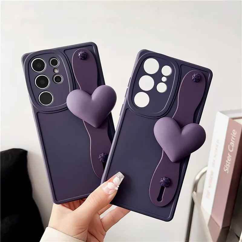 BCPC354 Cute Phone Case for Galaxy S23 Ultra, S22, S21, S20 FE, A54, 14, 24, 34, 53, M14, M54, 34, and F54 - Luxurious 3D Heart Design With Wrist Strap - Touchy Style