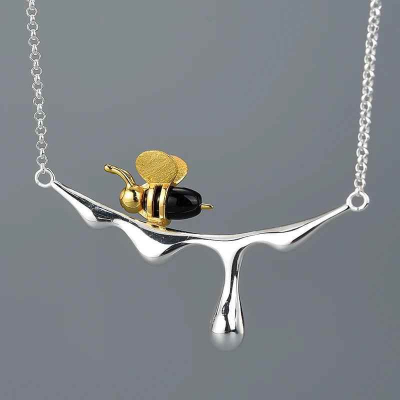 Bee Charm Jewelry Set - 925 Sterling Silver Necklace and Earring with Dripping Honey Pendant (LFJF0072) - Touchy Style .