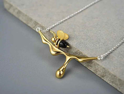 Bee Charm Jewelry Set - 925 Sterling Silver Necklace and Earring with Dripping Honey Pendant (LFJF0072) - Touchy Style