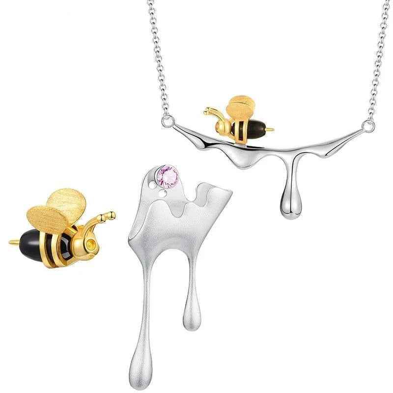 Bee Charm Jewelry Set - 925 Sterling Silver Necklace and Earring with Dripping Honey Pendant (LFJF0072) - Touchy Style .