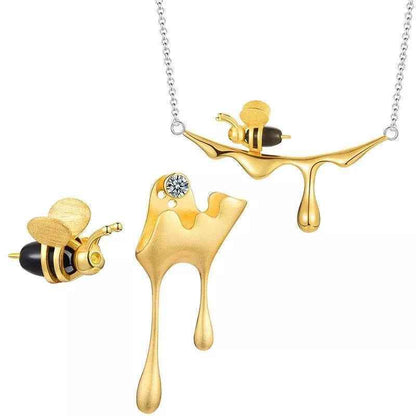 Bee Charm Jewelry Set - 925 Sterling Silver Necklace and Earring with Dripping Honey Pendant (LFJF0072) - Touchy Style