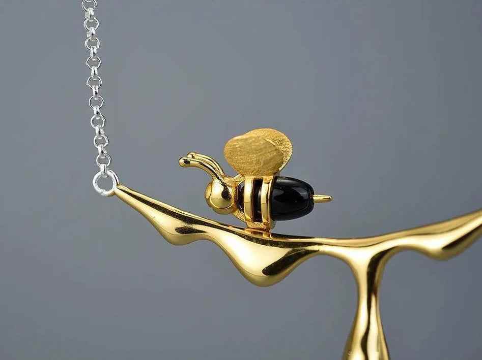 Bee Charm Jewelry Set - 925 Sterling Silver Necklace and Earring with Dripping Honey Pendant (LFJF0072) - Touchy Style