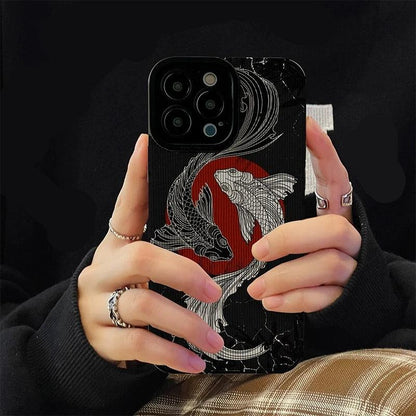 Black and White Cute Carp Oil Painting Phone Case for iPhone 15, 14, 13, 12, 11 Pro Max, Mini, 7, 8 Plus, X, XS Max, XR - Touchy Style .