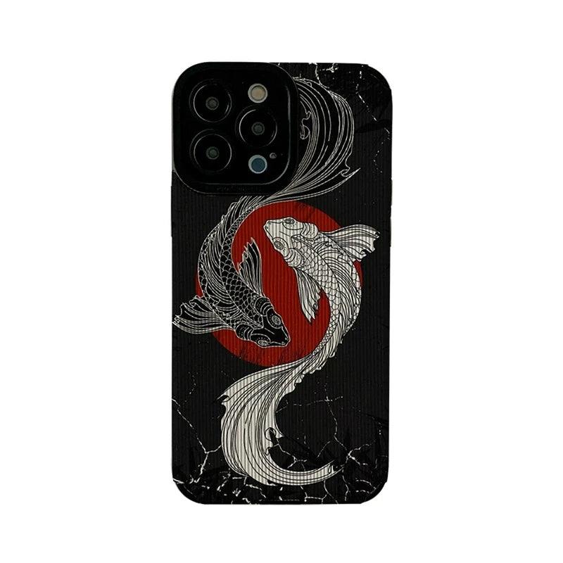 Black and White Cute Carp Oil Painting Phone Case for iPhone 15, 14, 13, 12, 11 Pro Max, Mini, 7, 8 Plus, X, XS Max, XR - Touchy Style .