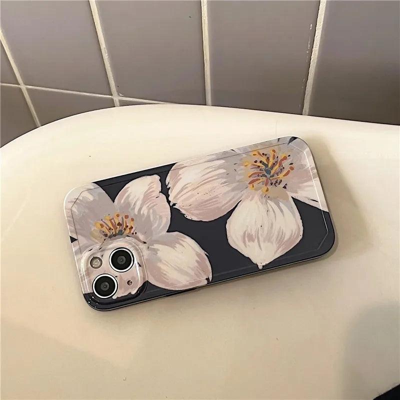 Black Cute Flower Oil Painting Phone Case for iPhone 11, 12, 13, 14 Pro Max, and 14 Plus - Touchy Style .