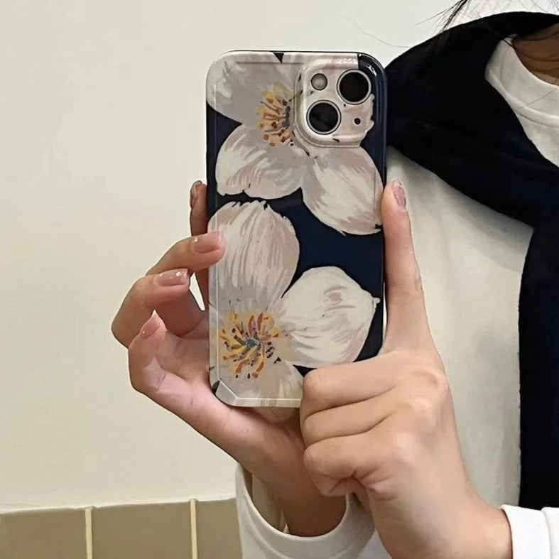 Black Cute Flower Oil Painting Phone Case for iPhone 11, 12, 13, 14 Pro Max, and 14 Plus - Touchy Style .