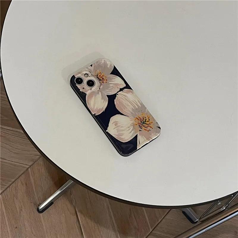 Black Cute Flower Oil Painting Phone Case for iPhone 11, 12, 13, 14 Pro  Max, and 14 Plus