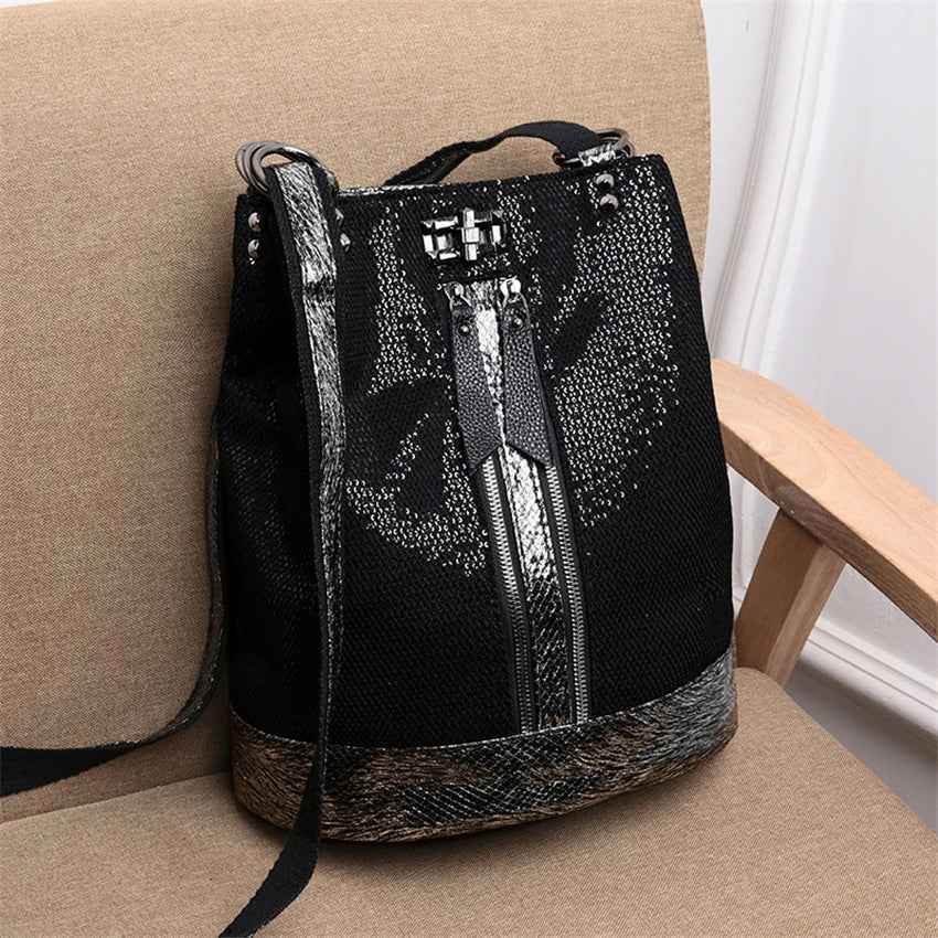 Black Genuine Leather Cool Backpack For Women Fashion Travel Large Capacity Bag GCBMOS47 - Touchy Style