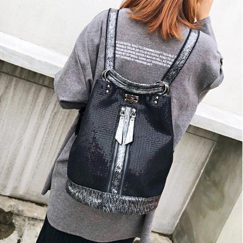Black Genuine Leather Cool Backpack For Women Fashion Travel Large Capacity Bag GCBMOS47 - Touchy Style