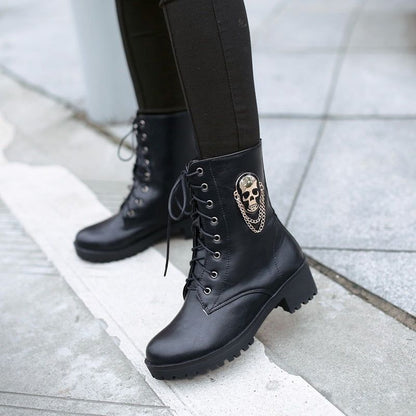 Black Leather Ankle Boots Skull Street Fashion Women&