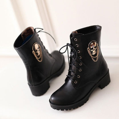 Black Leather Ankle Boots Skull Street Fashion Women&