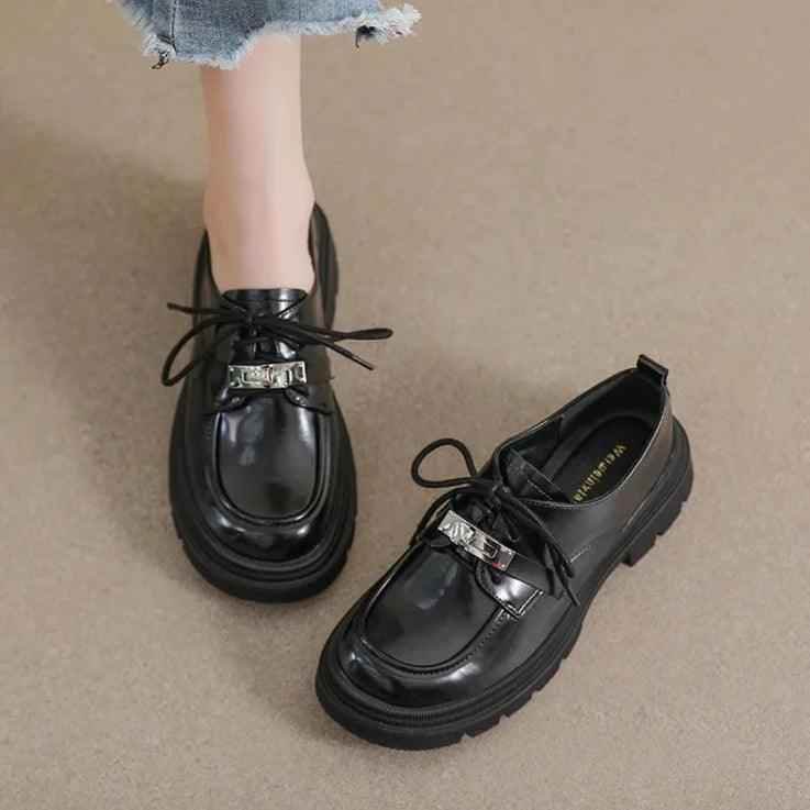 Black Leather Loafers with Heel - W805-2 British Style Women&