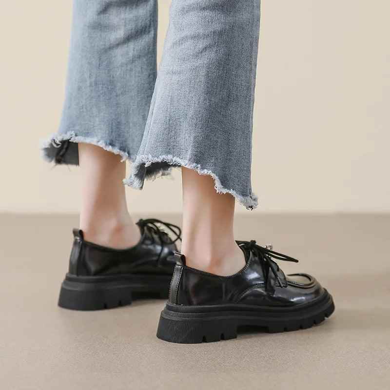 Black Leather Loafers with Heel - W805-2 British Style Women&