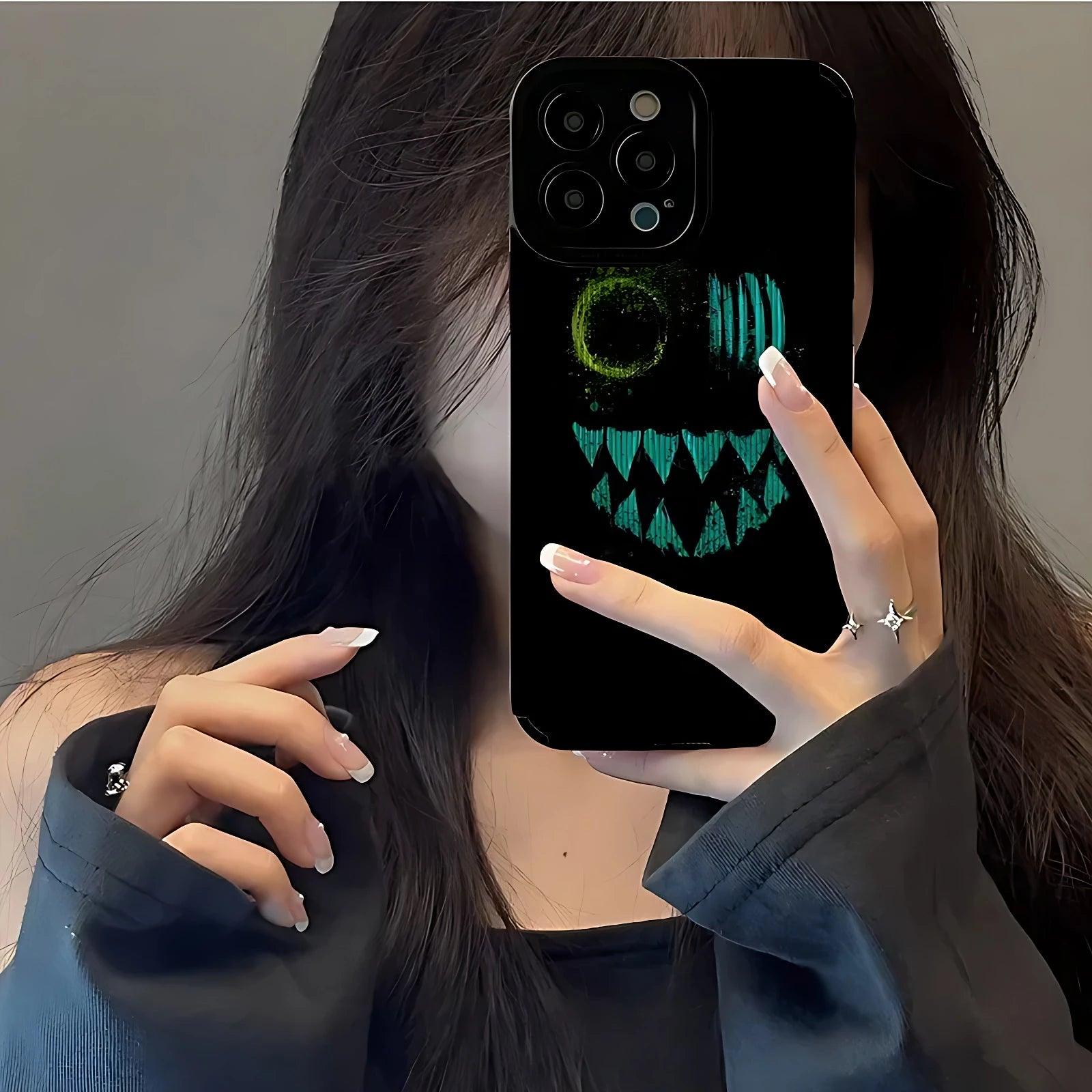 Black Smiley Ghost Cute Phone Case for iPhone 14, 13 Pro Max, 12, 11, X, XS, XR, SE 2, 6, 6S, 7, 8 Plus - Funny Cover - Touchy Style .