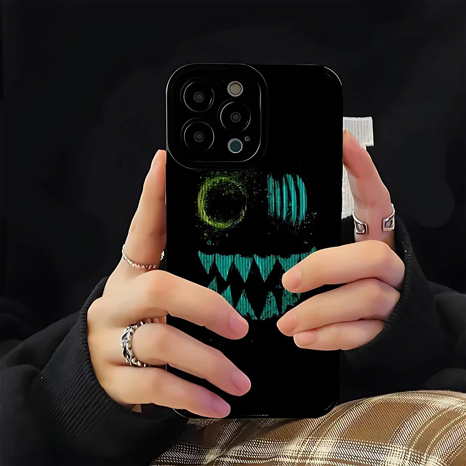 Black Smiley Ghost Cute Phone Case for iPhone 14, 13 Pro Max, 12, 11, X, XS, XR, SE 2, 6, 6S, 7, 8 Plus - Funny Cover - Touchy Style .