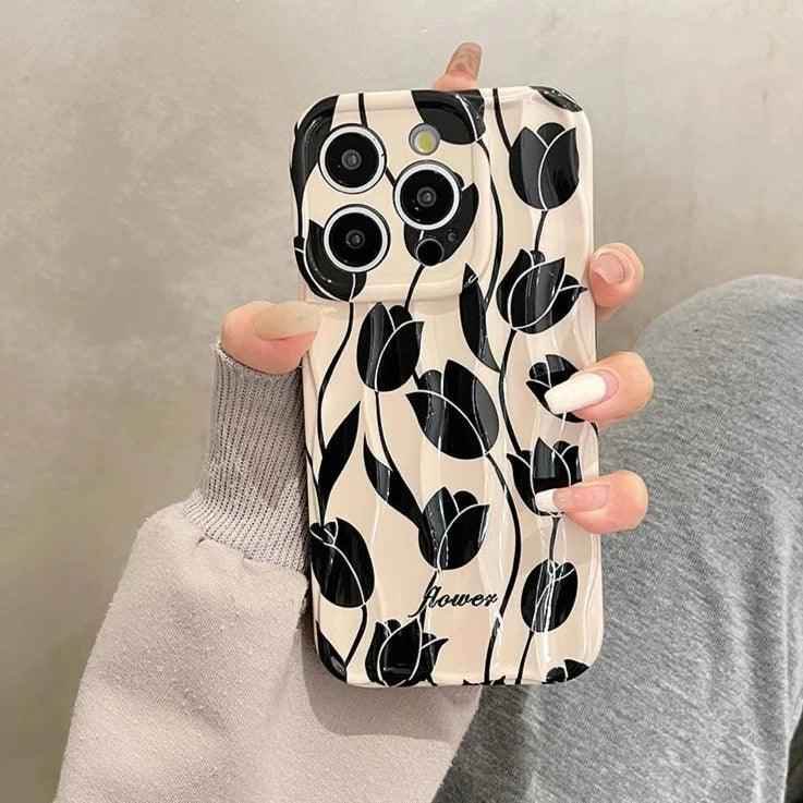 Black Tulip Flower Cute Phone Case for iPhone 11-15 Pro Max - Touchy Style .