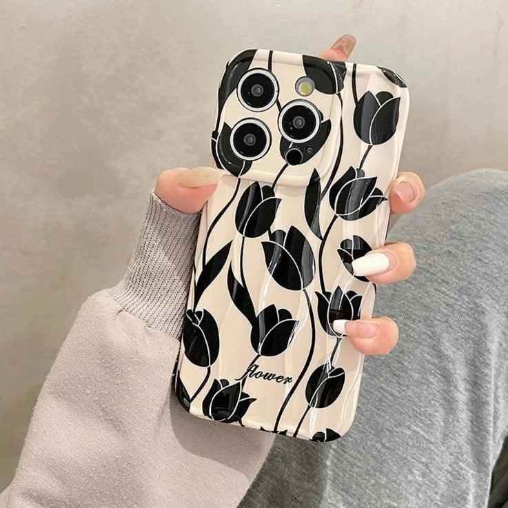 Black Tulip Flower Cute Phone Case for iPhone 11-15 Pro Max - Touchy Style .