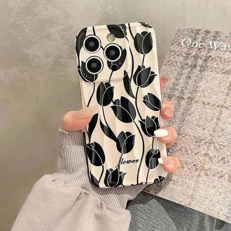 Black Tulip Flower Cute Phone Case for iPhone 11-15 Pro Max - Touchy Style .