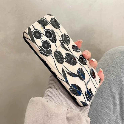 Black Tulip Flower Cute Phone Case for iPhone 11-15 Pro Max - Touchy Style