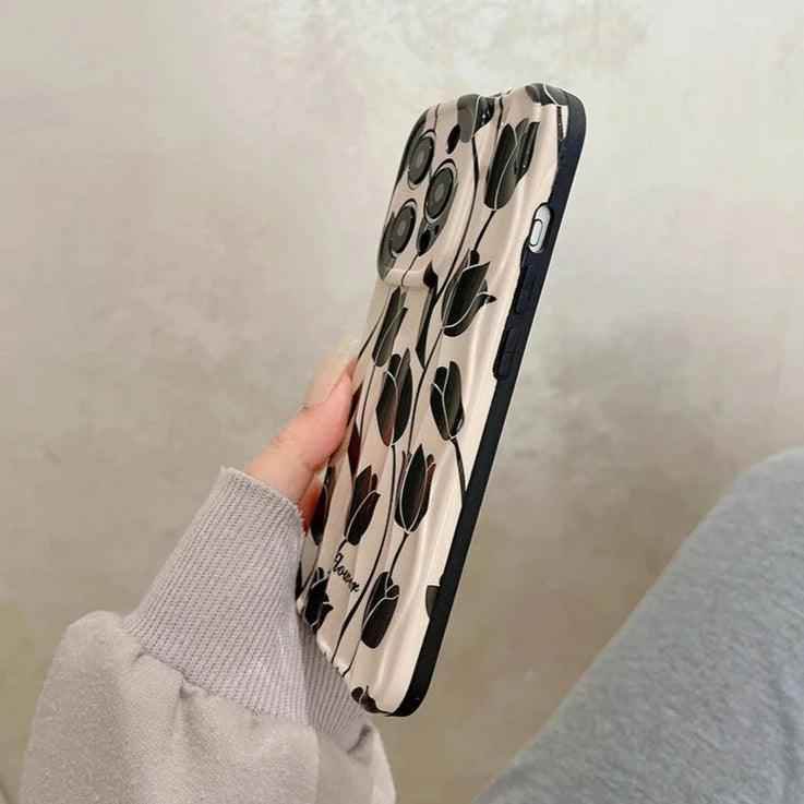 Black Tulip Flower Cute Phone Case for iPhone 11-15 Pro Max - Touchy Style .