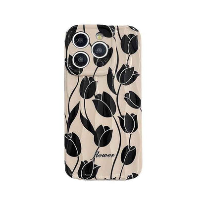 Black Tulip Flower Cute Phone Case for iPhone 11-15 Pro Max - Touchy Style