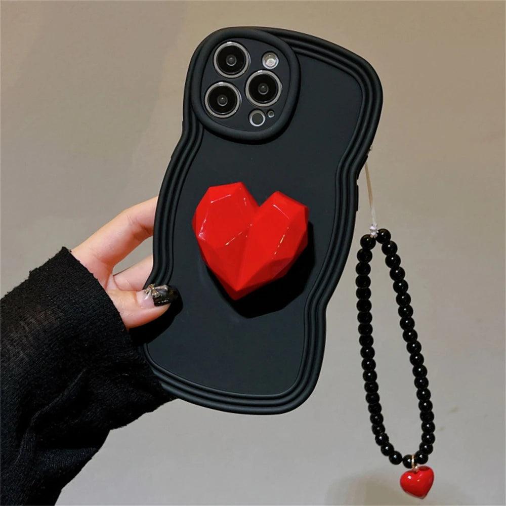 Black Wave Cute Phone Case with Strap for iPhone 14, 13, 12, 11 Pro, XS Max, X, XR - Korean 3D Love Heart Bracket Bracelet Chain Design - Touchy Style