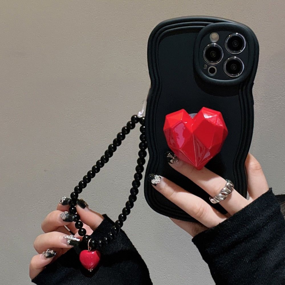 Black Wave Cute Phone Case with Strap for iPhone 14, 13, 12, 11 Pro, XS Max, X, XR - Korean 3D Love Heart Bracket Bracelet Chain Design - Touchy Style .