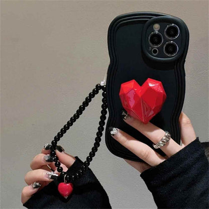 Black Wave Cute Phone Case with Strap for iPhone 14, 13, 12, 11 Pro, XS Max, X, XR - Korean 3D Love Heart Bracket Bracelet Chain Design - Touchy Style