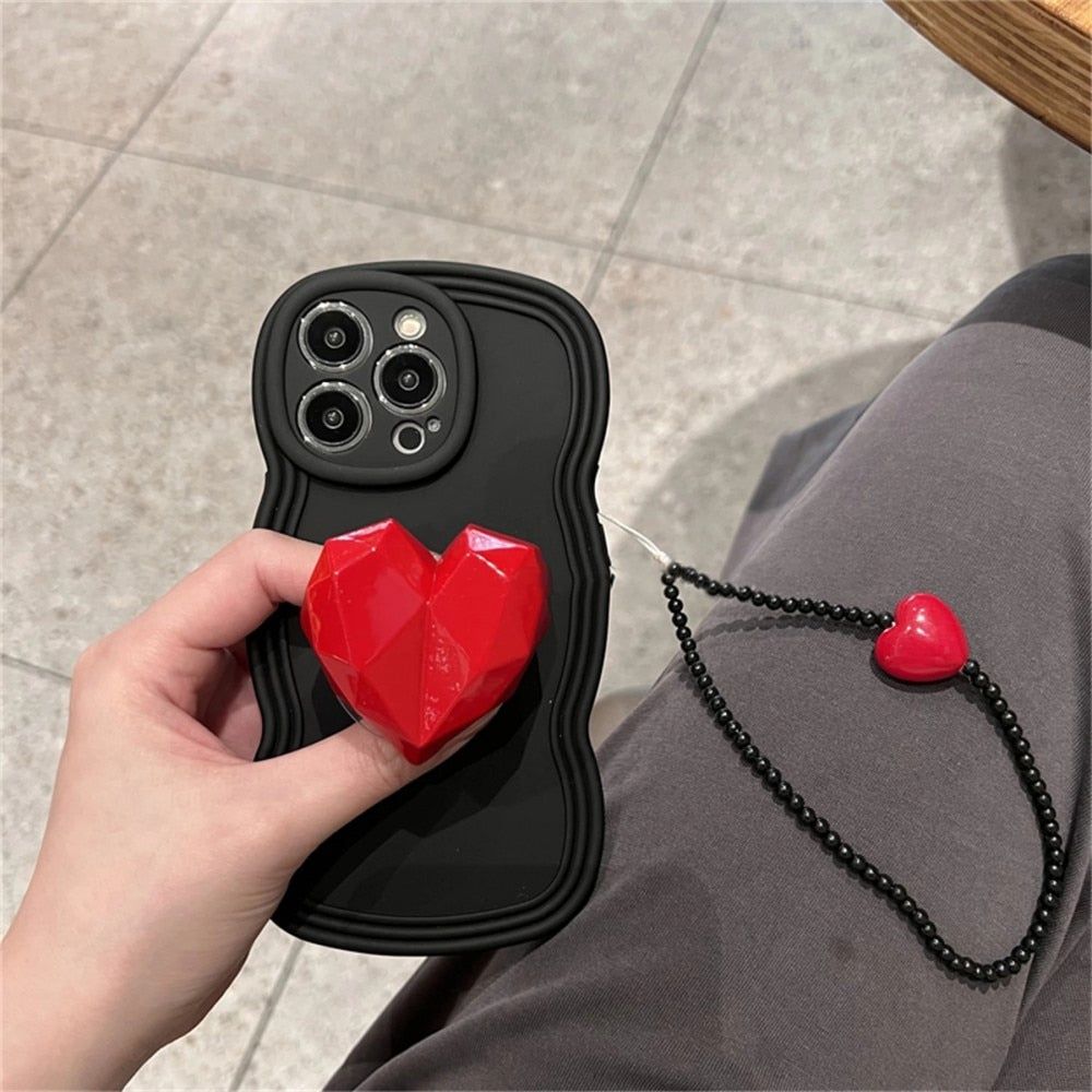 Black Wave Cute Phone Case with Strap for iPhone 14, 13, 12, 11 Pro, XS Max, X, XR - Korean 3D Love Heart Bracket Bracelet Chain Design - Touchy Style .