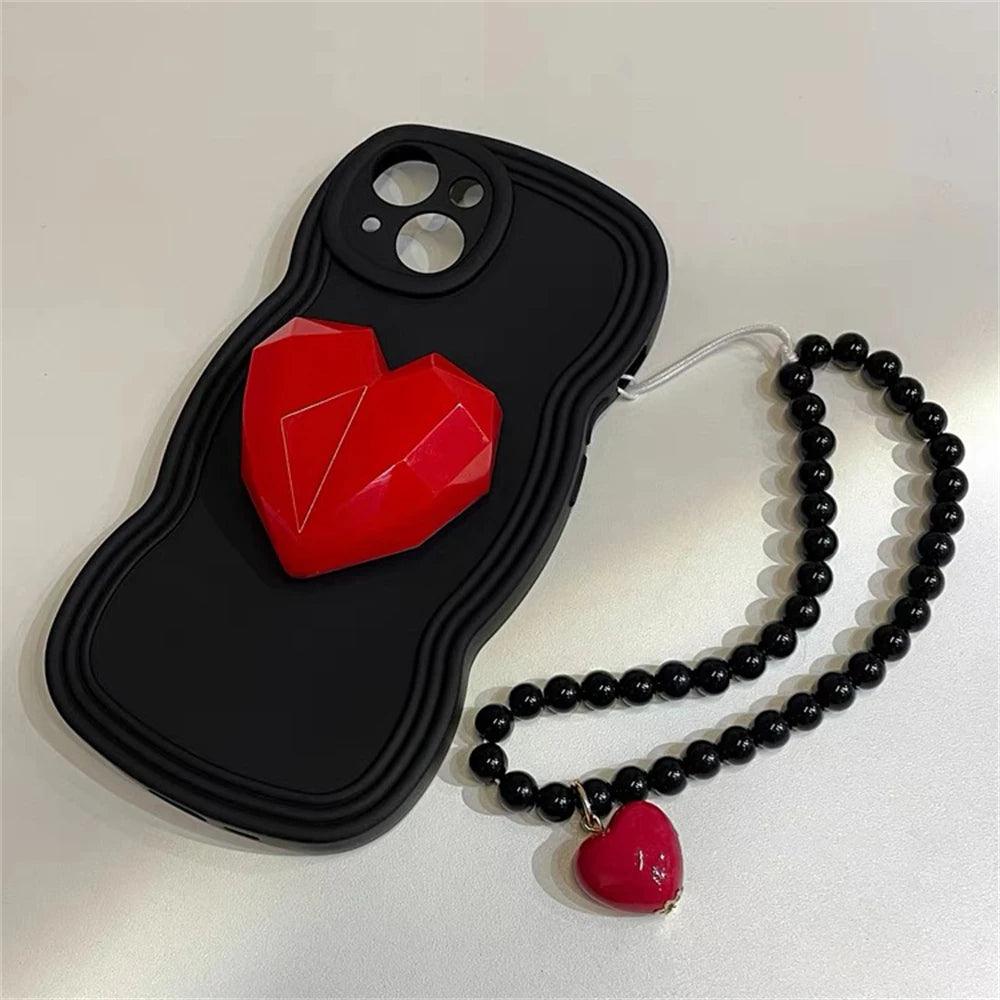 Black Wave Cute Phone Case with Strap for iPhone 14, 13, 12, 11 Pro, XS Max, X, XR - Korean 3D Love Heart Bracket Bracelet Chain Design - Touchy Style