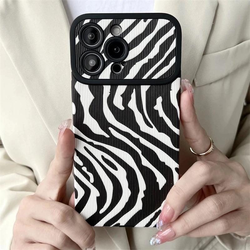 Black White Cute Zebra Stripe Phone Case for iPhone 11-15 Pro Max Plus - Soft Cover - Touchy Style .