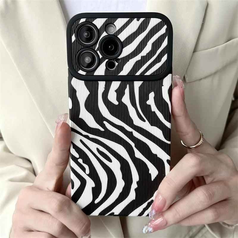 Black White Cute Zebra Stripe Phone Case for iPhone 11-15 Pro Max Plus - Soft Cover - Touchy Style