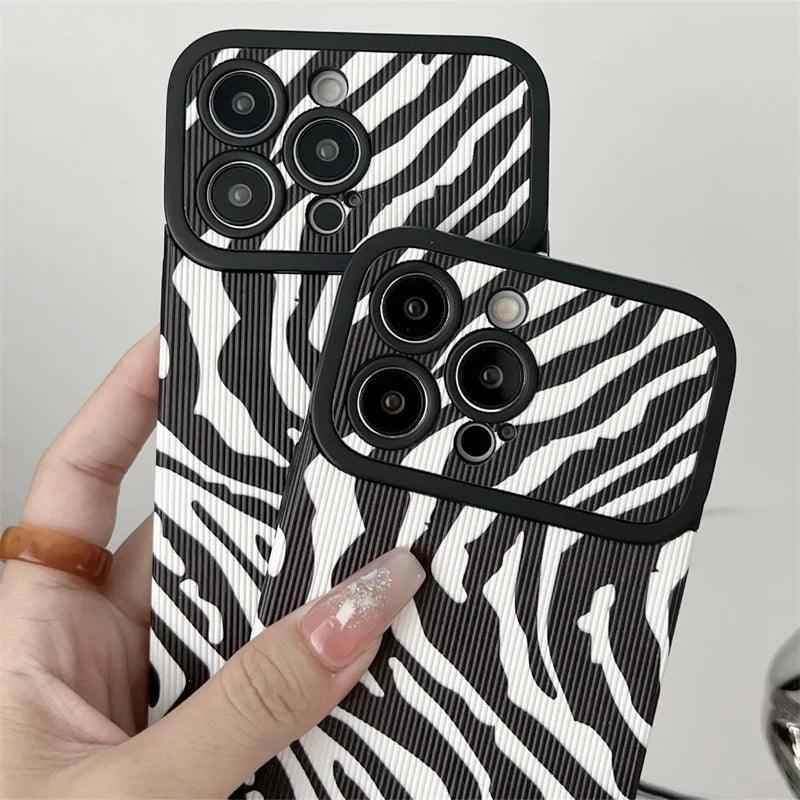 Black White Cute Zebra Stripe Phone Case for iPhone 11-15 Pro Max Plus - Soft Cover - Touchy Style .