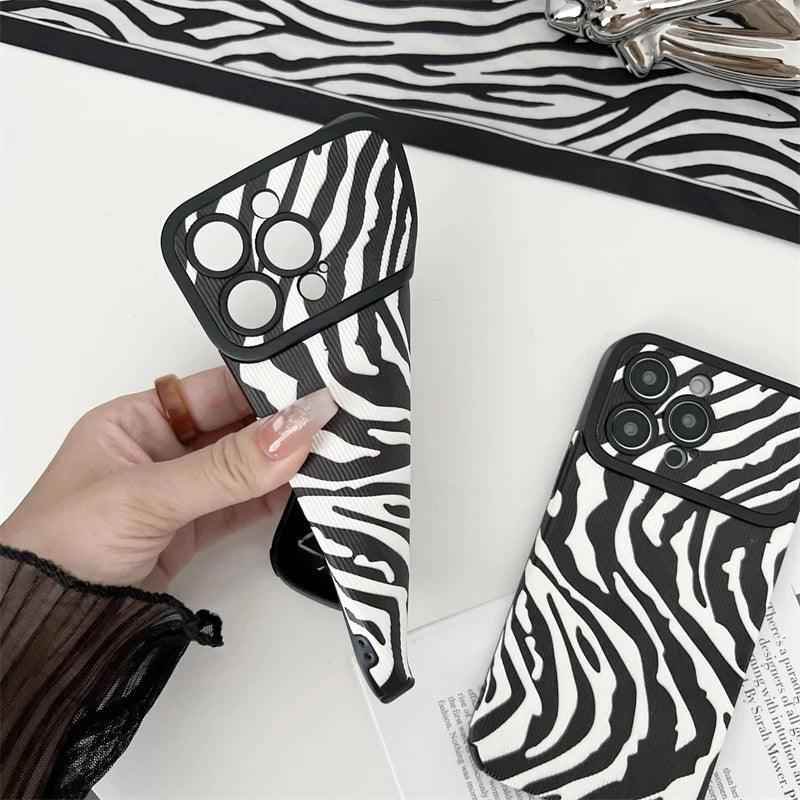 Black White Cute Zebra Stripe Phone Case for iPhone 11-15 Pro Max Plus - Soft Cover - Touchy Style .