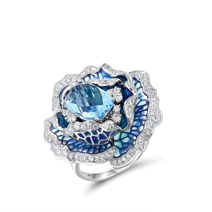 Blue Blooming Flower Ring Charm Jewelry - 925 Sterling Silver (GZ158) - Touchy Style .