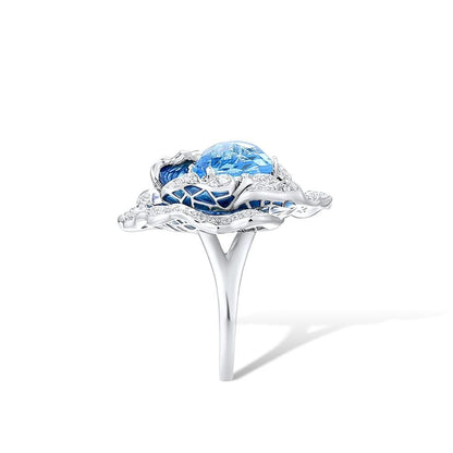 Blue Blooming Flower Ring Charm Jewelry - 925 Sterling Silver (GZ158) - Touchy Style .