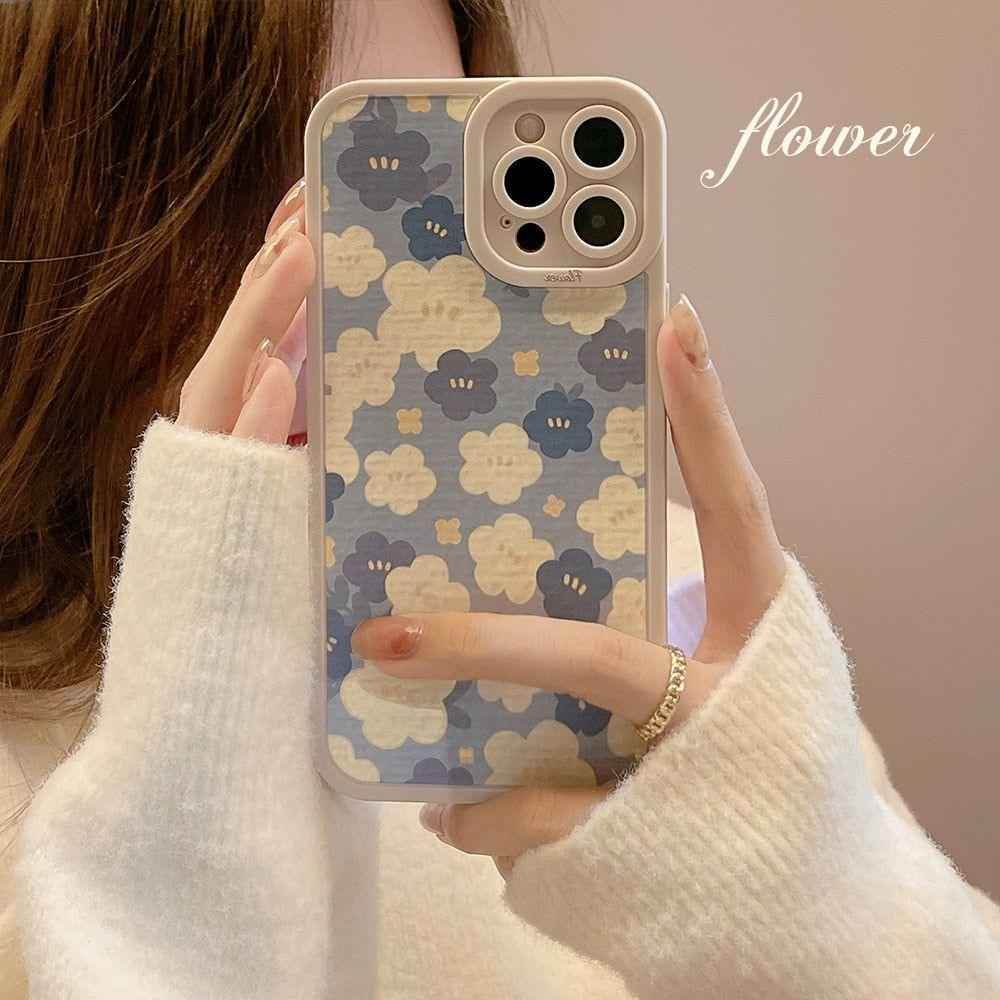 Blue Oil Painting Flowers Cute Phone Cases For iPhone 11 12 13 Pro XS Max X XR 7 8 Plus Se 2 - Touchy Style .