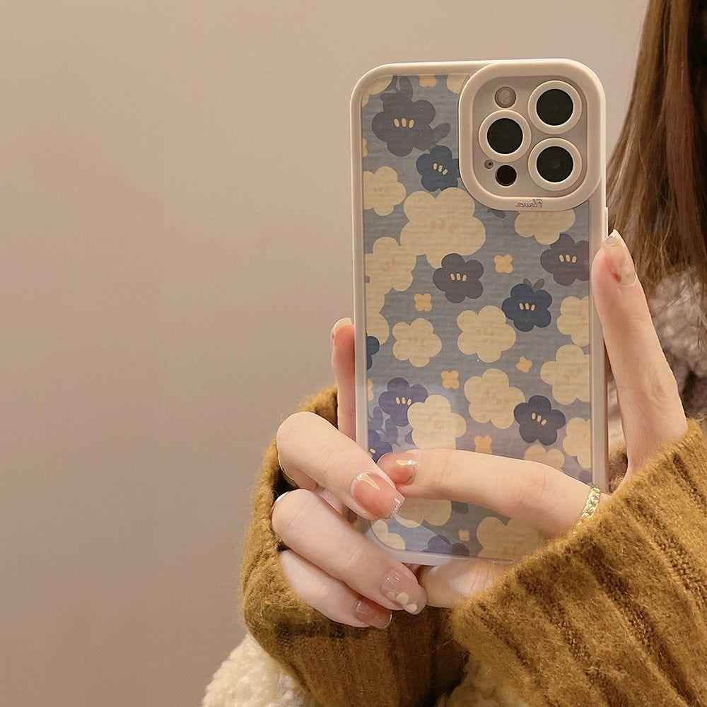 Blue Oil Painting Flowers Cute Phone Cases For iPhone 11 12 13 Pro XS Max X XR 7 8 Plus Se 2 - Touchy Style