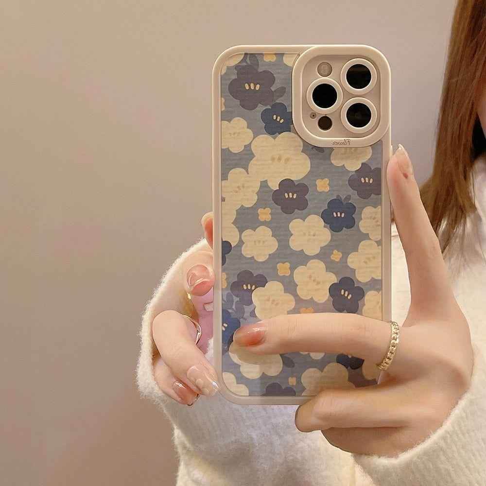 Blue Oil Painting Flowers Cute Phone Cases For iPhone 11 12 13 Pro XS Max X XR 7 8 Plus Se 2 - Touchy Style .