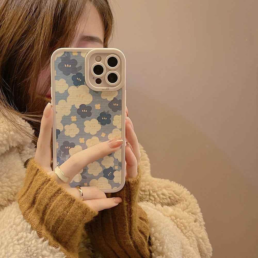 Blue Oil Painting Flowers Cute Phone Cases For iPhone 11 12 13 Pro XS Max X XR 7 8 Plus Se 2 - Touchy Style