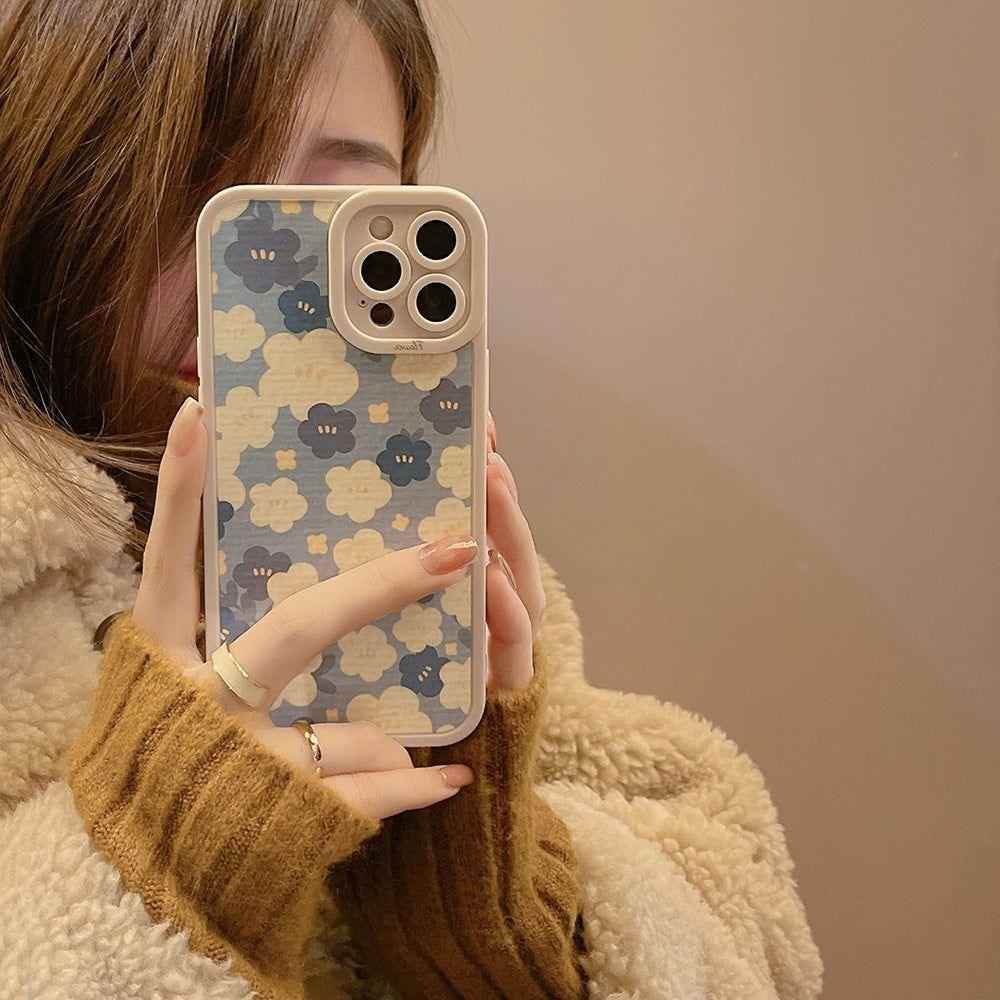 Blue Oil Painting Flowers Cute Phone Cases For iPhone 11 12 13 Pro XS Max X XR 7 8 Plus Se 2 - Touchy Style .