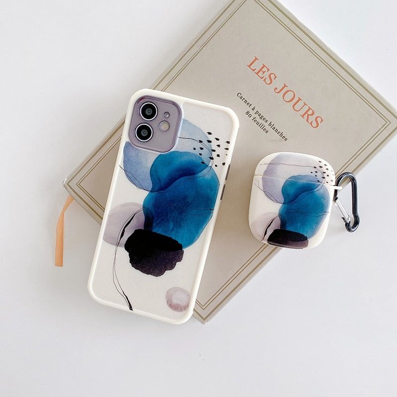 Blue Paint 2pcs/Set Cute Phone Cases + Earphone Cover For Airpods (1/2/Pro) - Compatible with iPhone 12, 11 Pro Max, XR, XS, X, 7, 8 Plus - Touchy Style .