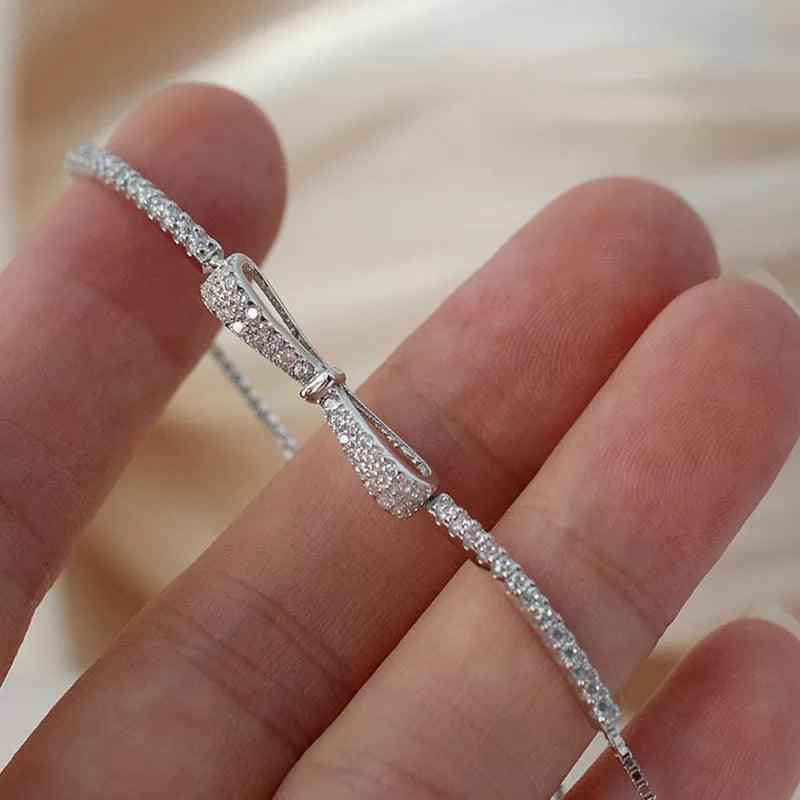 Bracelet Charm Jewelry 925 Sterling Silver Adjustable Chain Crystal Bowknot Bangle - Touchy Style .