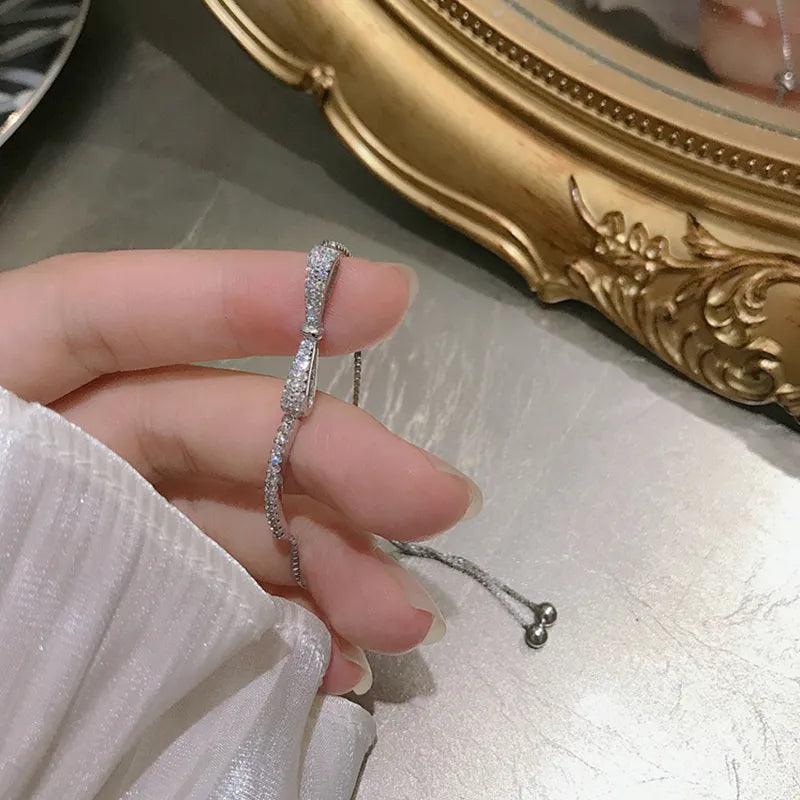 Bracelet Charm Jewelry 925 Sterling Silver Adjustable Chain Crystal Bowknot Bangle - Touchy Style .