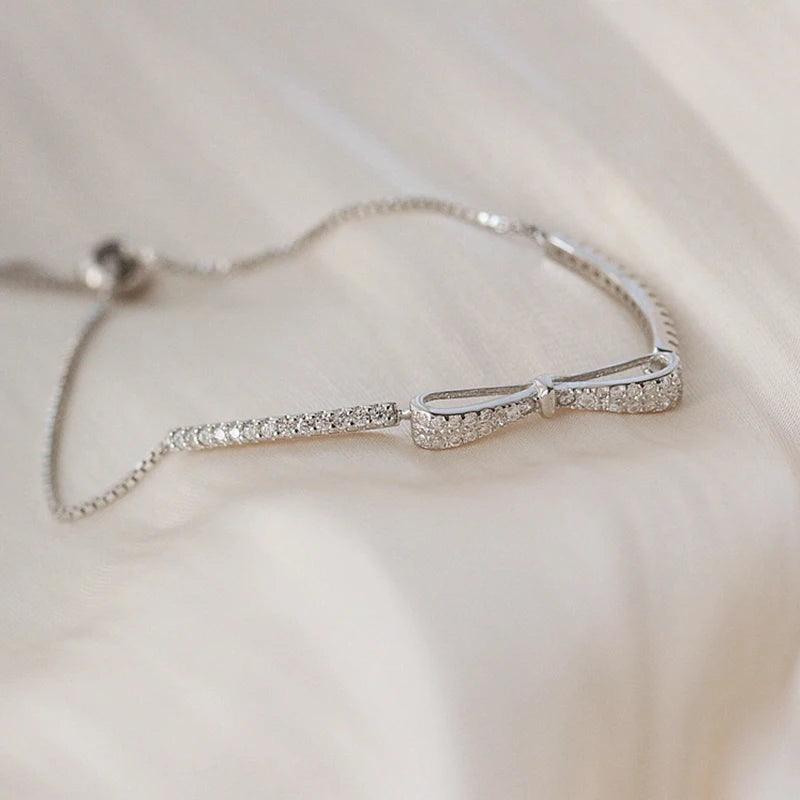 Bracelet Charm Jewelry 925 Sterling Silver Adjustable Chain Crystal Bowknot Bangle - Touchy Style .