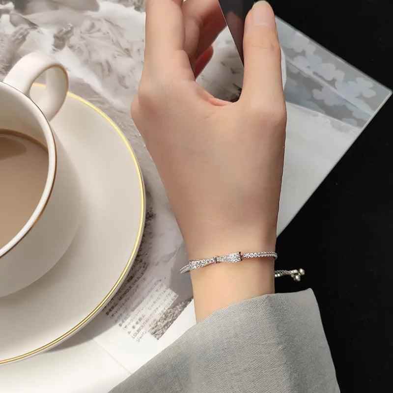 Bracelet Charm Jewelry 925 Sterling Silver Adjustable Chain Crystal Bowknot Bangle - Touchy Style
