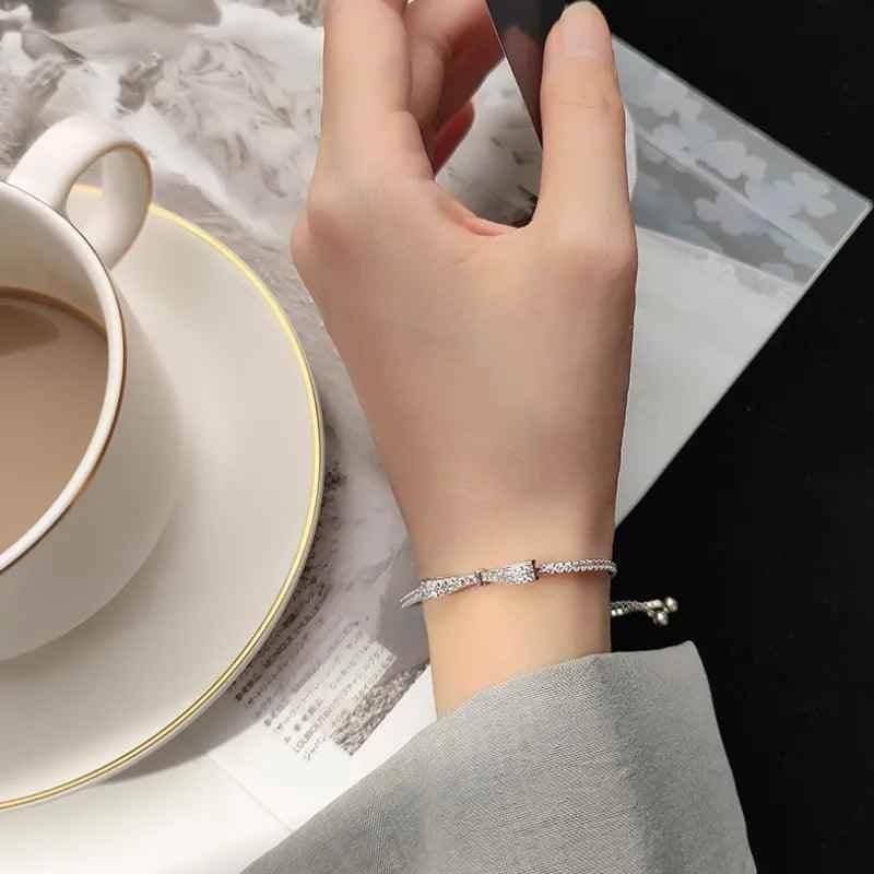 Bracelet Charm Jewelry 925 Sterling Silver Adjustable Chain Crystal Bowknot Bangle - Touchy Style .