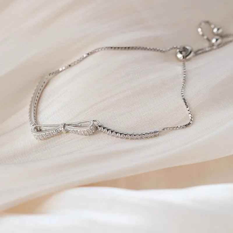 Bracelet Charm Jewelry 925 Sterling Silver Adjustable Chain Crystal Bowknot Bangle - Touchy Style