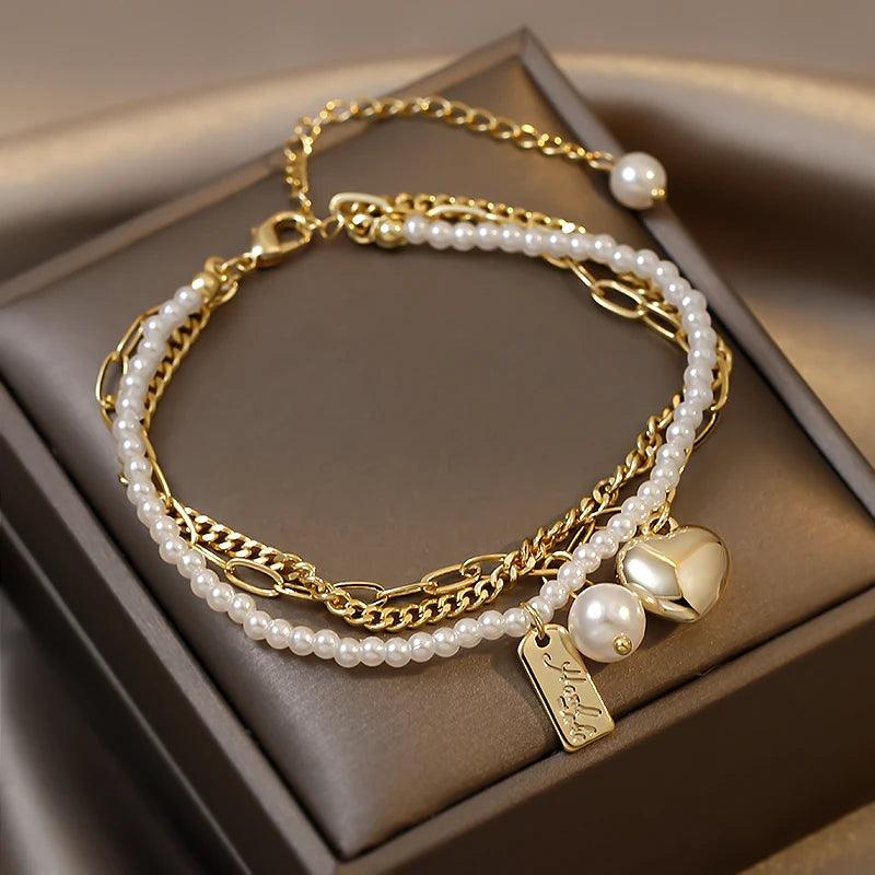 Bracelets Charm Jewelry BCJTXY21 Multi-Layer Pearl Heart Folded Fashion - Touchy Style